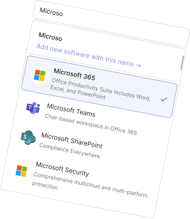 Software dropdown interface showing Microsoft products